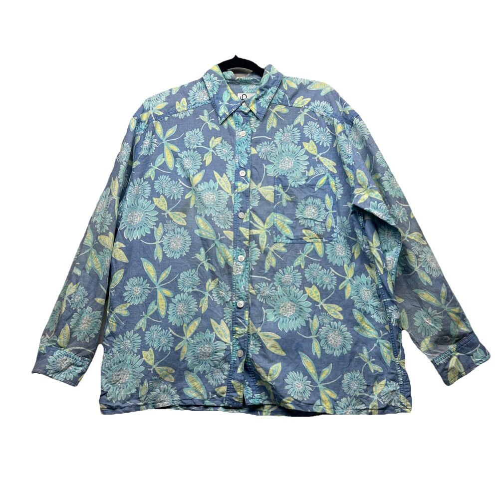 Lilly Pulitzer Linen Button Down Shirt Blue Floral Size Large L FLAW